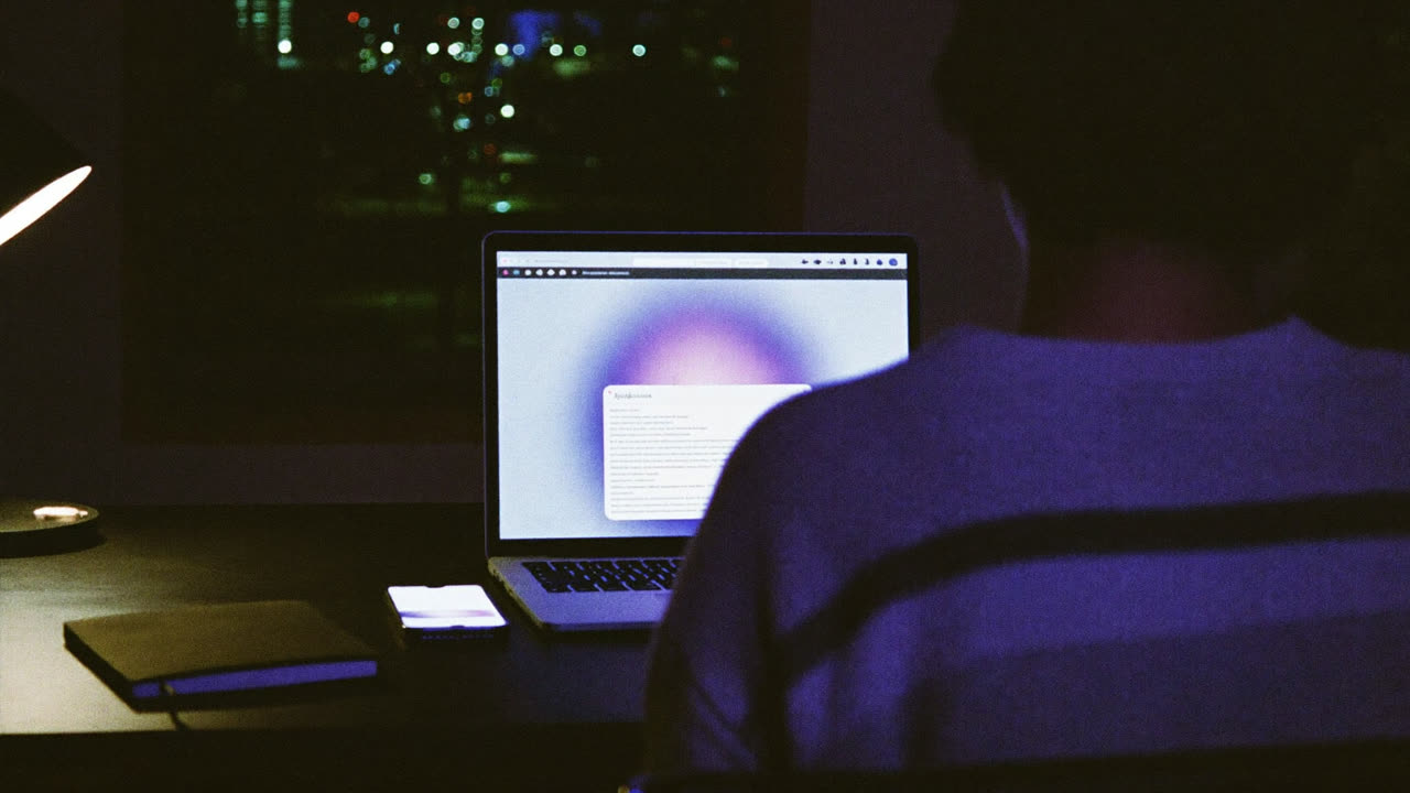 Kyberos agent-platform work shown on a laptop in a dark studio